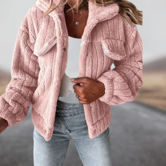 Veste Peluche Rose Col Montant