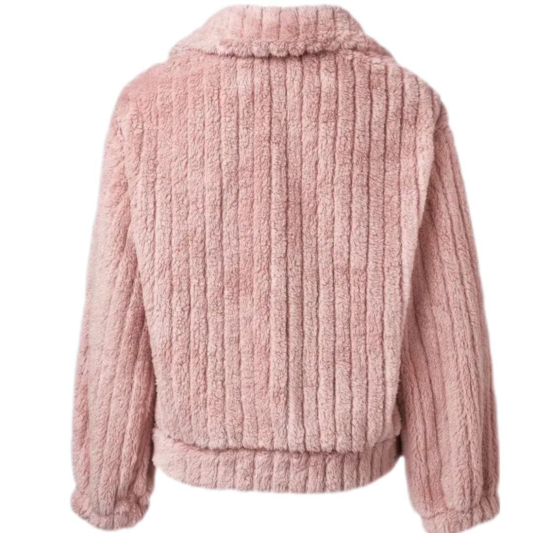 Veste Peluche Rose Col Montant