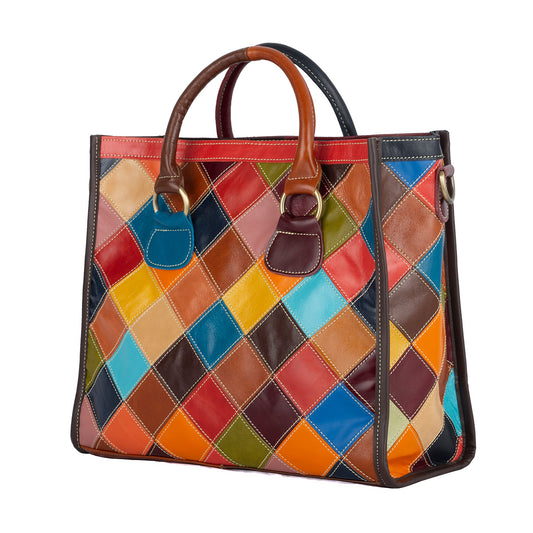 Sac à Main Rétro en Cuir Véritable Multicolore - Style Patchwork Unique