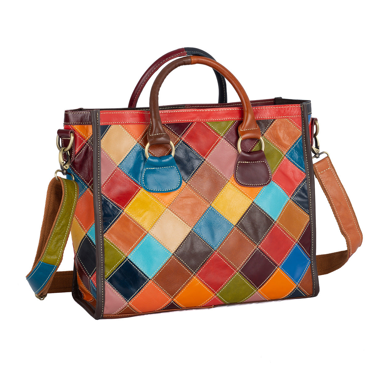 Sac à Main Rétro en Cuir Véritable Multicolore - Style Patchwork Unique