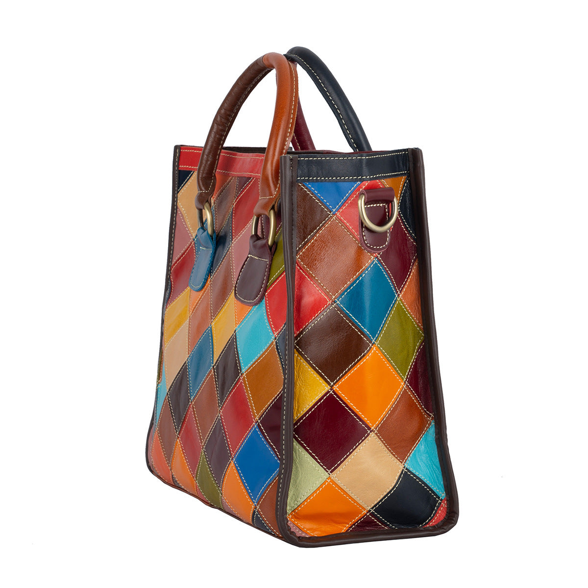 Sac à Main Rétro en Cuir Véritable Multicolore - Style Patchwork Unique