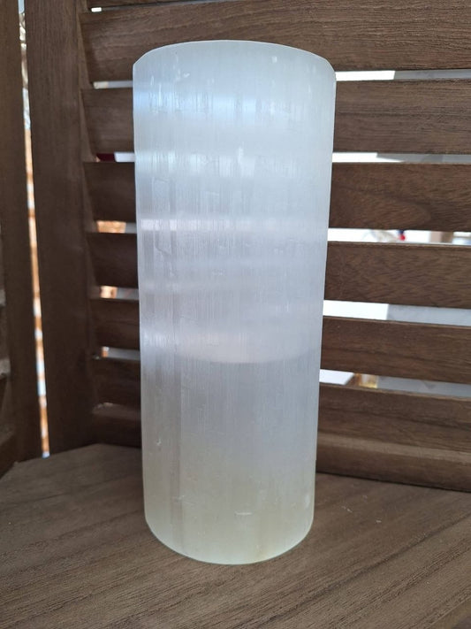 Lampe Sélénite Cylindre (20cm) : Lumière Sacrée & Pierre Naturelle Purifiante